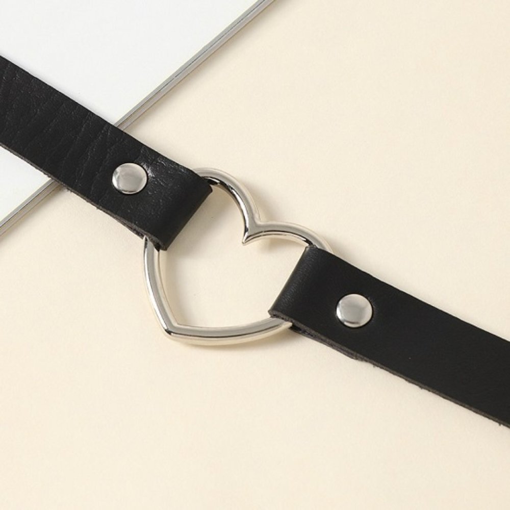 2Pk New Women's Big Leather Heart Choker Necklace - Picture 3 of 5